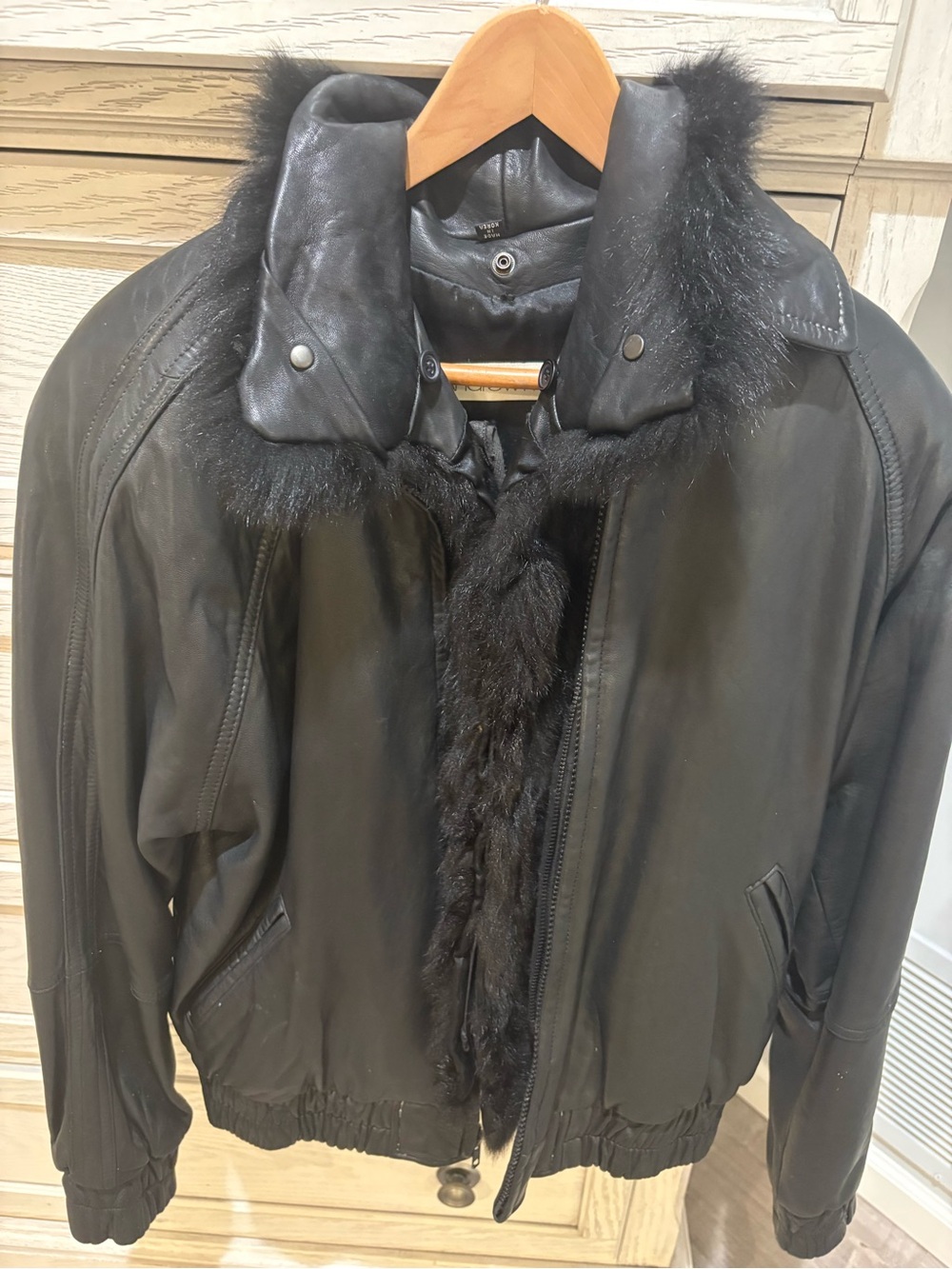 Andrew Marc Black Leather Bomber Jacket with Fur Lining